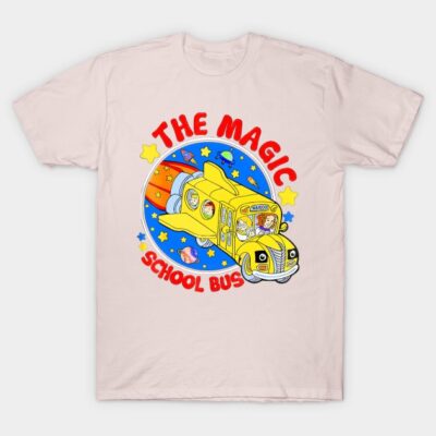 Pastel pink t-shirt featuring colorful cartoon bus design, perfect for casual wear and fans of whimsical graphics.