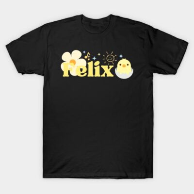 Black t-shirt with yellow graphic design featuring flower, sun, and chick, ideal for casual wear.