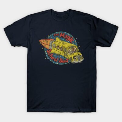 Navy blue t-shirt with vintage yellow school bus graphic and colorful text design, perfect for casual wear.