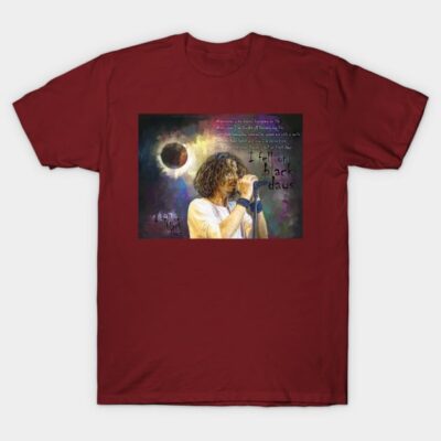 Maroon graphic t-shirt with artistic design featuring a singer and abstract background for casual wear.