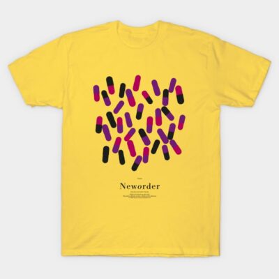 Yellow graphic t-shirt with colorful abstract design, cotton material, casual wear, unisex style, vibrant fashion.