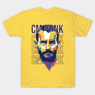 Yellow graphic t-shirt with colorful geometric design, ideal for casual wear and fans of bold, vibrant styles.