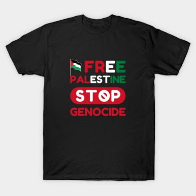 Black cotton t-shirt with "Free Palestine Stop Genocide" text in red, green, and white. Casual style, unisex fit.
