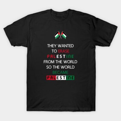 Black T-shirt with Palestine text design, graphic flags, and multicolor typography. Casual wear, cotton material.