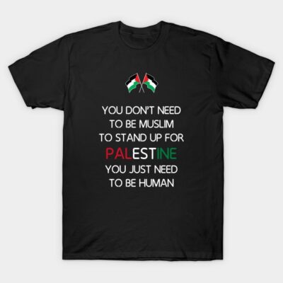 Black t-shirt with a bold message supporting Palestine, featuring red, green, and white text and flag design. Casual wear.
