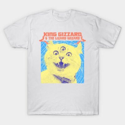 White t-shirt with colorful psychedelic cat design, bold red text, casual wear, cotton fabric, unisex style.