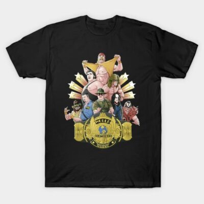 Black graphic T-shirt featuring colorful wrestling theme design with championship belt motif. Ideal for casual wear.