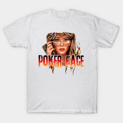White "Poker Face" graphic T-shirt, vibrant design, casual wear, cotton material, unisex style.