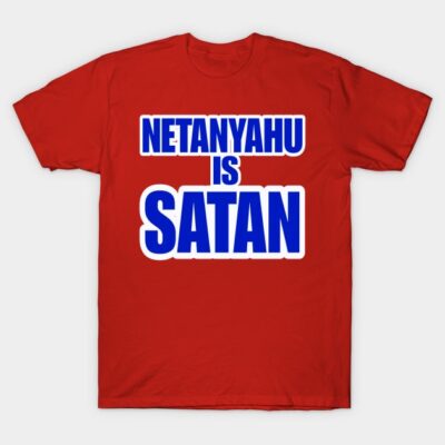Red cotton T-shirt with bold blue text design, casual style, suitable for everyday wear.