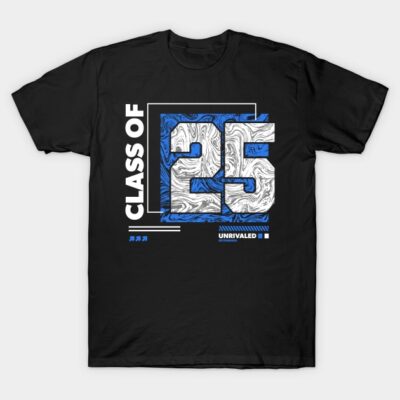 Black "Class of 25" t-shirt with blue and white graphic design, perfect for graduation or school events.