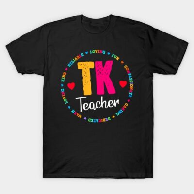 Black "TK Teacher" t-shirt with colorful text design, ideal for educators, made from soft cotton.
