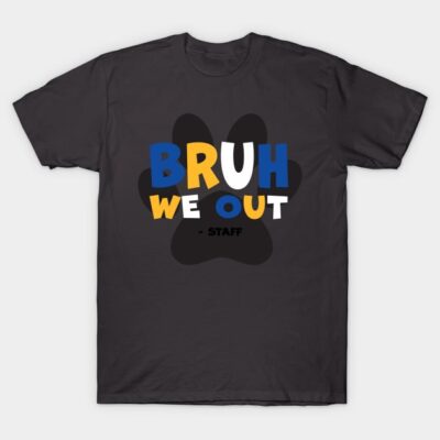 Black graphic t-shirt with "Bruh We Out" text in blue, yellow, white; casual style, cotton material.