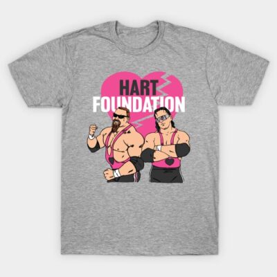 Gray graphic t-shirt featuring "Hart Foundation" design, casual style, cotton fabric, perfect for wrestling fans.