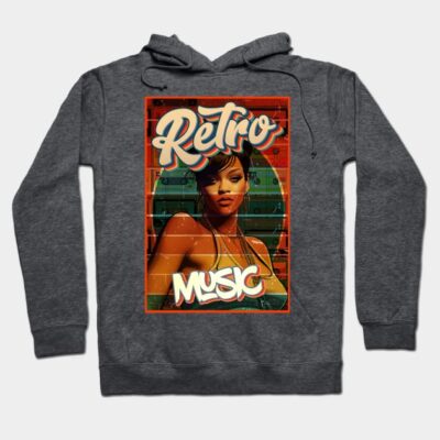 Gray hoodie with retro music graphic design, featuring vibrant colors. Casual style, perfect for music lovers.
