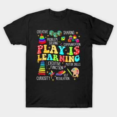 Black "Play is Learning" t-shirt with colorful educational graphics, perfect for promoting creativity and learning in kids.