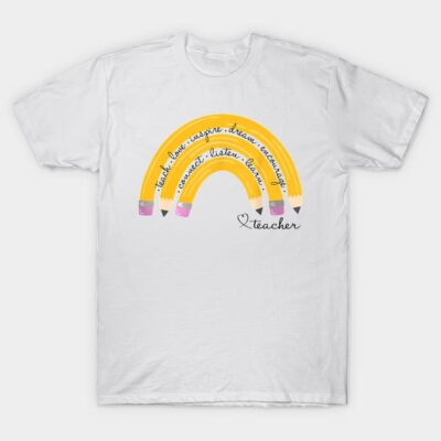 White cotton T-shirt with colorful pencil rainbow design and inspiring teacher-themed text. Perfect for educators.