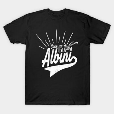 Black cotton t-shirt with white vintage guitar graphic, casual style for music enthusiasts.