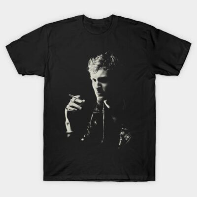 Black graphic t-shirt featuring a monochrome artistic print, casual style, cotton material, unisex design, versatile wear.