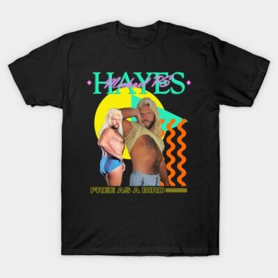 Black graphic t-shirt with colorful retro design, featuring text and abstract elements, casual wear cotton material.