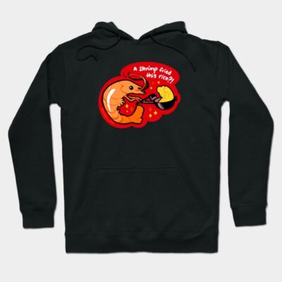 Black hoodie with playful shrimp and fried rice graphic, humorous design, cozy cotton blend, unisex casual wear.