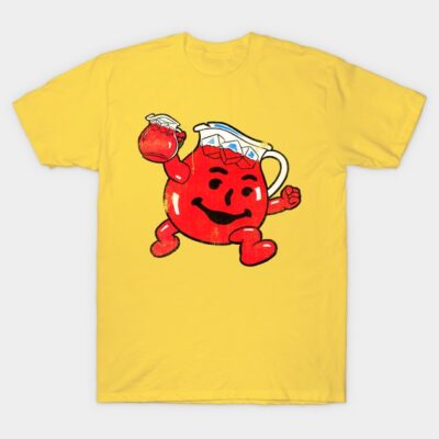 Yellow graphic t-shirt with retro red cartoon pitcher design, casual style, cotton material, perfect for everyday wear.