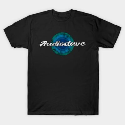 Black unisex t-shirt with vintage-style band logo design in teal and white, perfect for casual wear.