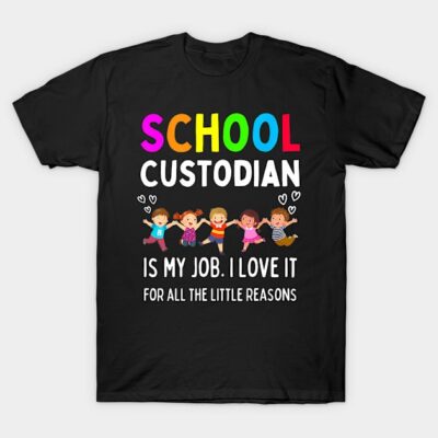 Black "School Custodian" T-shirt with colorful text and playful cartoon design, ideal for school staff appreciation.
