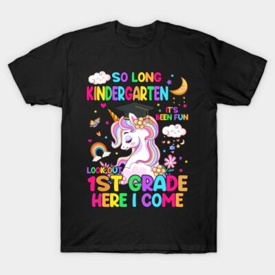 Black kids' t-shirt with colorful unicorn and "So Long Kindergarten, 1st Grade Here I Come" text, fun school design.