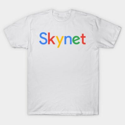 White cotton T-shirt with "Skynet" in colorful letters, casual style, unisex design.