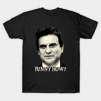 Black cotton t-shirt with graphic print and "Funny How?" text, casual style for everyday wear.