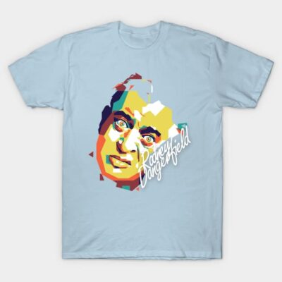 Light blue graphic t-shirt with colorful abstract face design and text. Casual cotton wear for everyday style.