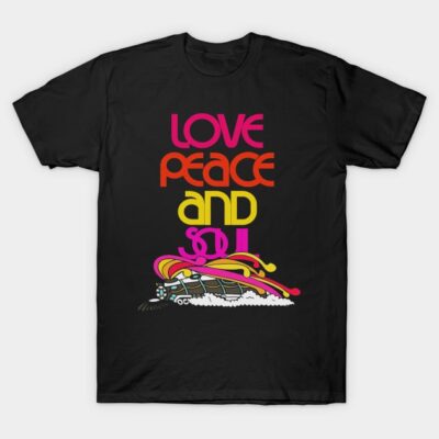 Black t-shirt with colorful "Love Peace and Soul" retro graphic design, casual wear, cotton fabric.