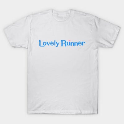 White cotton t-shirt with "Lovely Runner" in blue text, casual style, ideal for everyday wear.