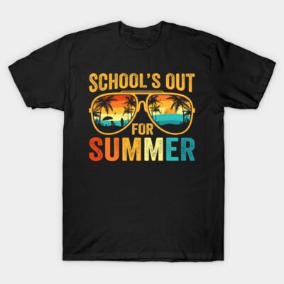 Black "School's Out for Summer" t-shirt with colorful sunglasses graphic, perfect for casual summer wear.