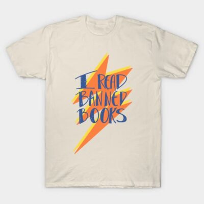 Cream T-shirt with bold "I Read Banned Books" text in blue and orange, casual style, cotton material.