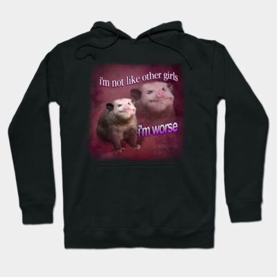 Black hoodie with opossum graphic and humorous text, casual unisex style, cotton blend, perfect for cozy wear.
