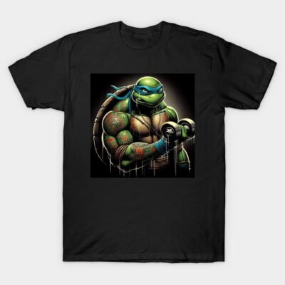 Black t-shirt featuring a vibrant, muscular turtle design in green and blue, perfect for casual wear or fan events.