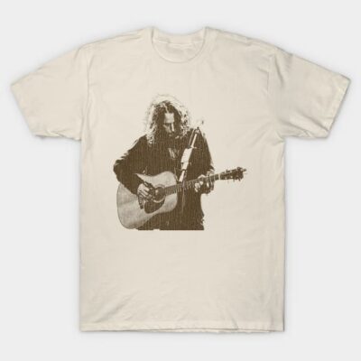 Cream t-shirt featuring a printed musician graphic with guitar, casual style, 100% cotton, unisex.