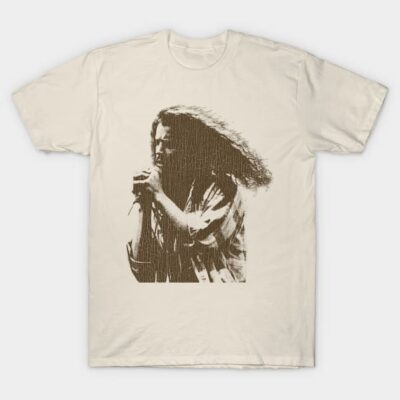Beige t-shirt with vintage rock singer graphic, casual style, 100% cotton, unisex design for music fans.