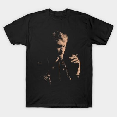 Black graphic t-shirt with vintage-style print, casual wear, 100% cotton, unisex design.
