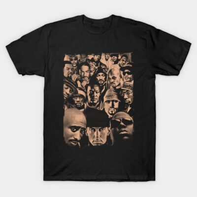 Black graphic T-shirt featuring a collage of iconic hip-hop artists, casual style, cotton material, music lovers' apparel.