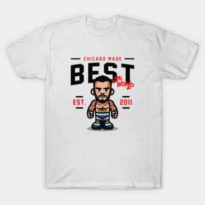 White graphic T-shirt with cartoon wrestler design, "Chicago Made" text, casual wear, cotton material, unisex style.