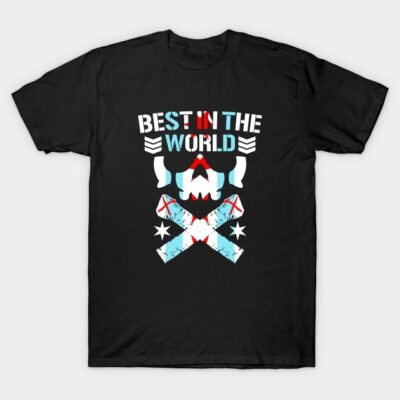 Black graphic t-shirt with "Best in the World" slogan, featuring bold design elements in white, red, and blue.