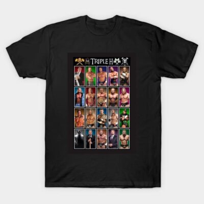 Black graphic t-shirt featuring a collage of wrestling-themed images, ideal for casual wear, made from cotton.
