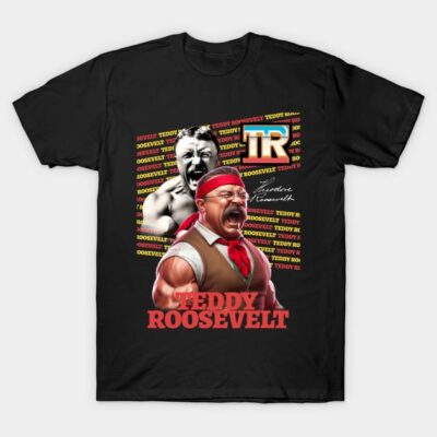 Black graphic T-shirt featuring bold red text and vintage-inspired illustration, ideal for casual wear.