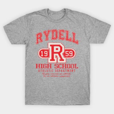 Gray Rydell High School 1959 athletic department t-shirt with red print, casual style, soft cotton material.