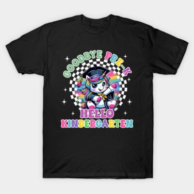 Black kids' t-shirt with colorful unicorn graphic and "Goodbye Pre-K, Hello Kindergarten" text. Fun school style.