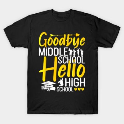 Black t-shirt with "Goodbye Middle School Hello High School" text in yellow and white, graduation theme design.