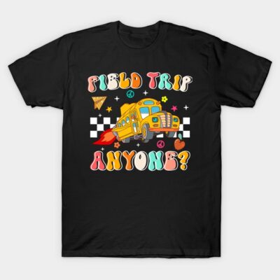Black t-shirt with colorful "Field Trip Anyone?" graphic featuring a yellow rocket bus design.