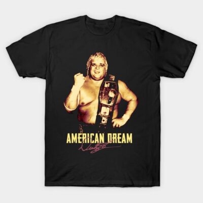 Black "American Dream" graphic t-shirt featuring vintage wrestling design, cotton material, casual wear.